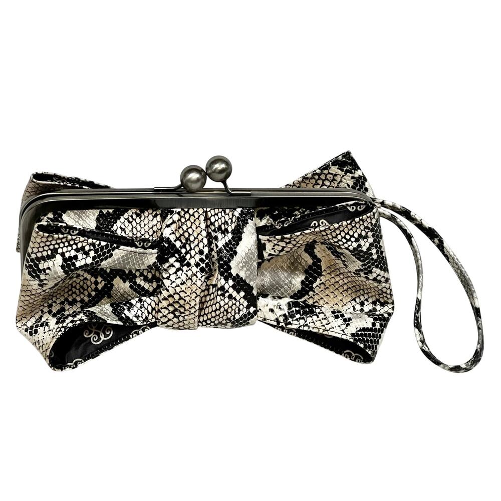 Jessica Simpson Bow Clutch Wristlet Bag 10x5 Snakeskin Python Kiss Lock